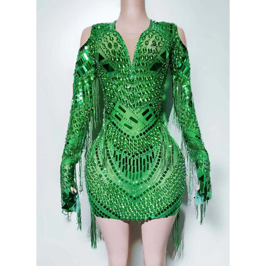 Sexy Tassels Full Diamond V-neck Dress Nightclub Bar Dj Gogo Dancers Stage Dress Female Singer Stage Performance Costume