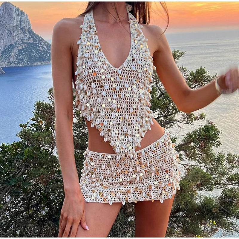 Ensemble jupe sexy en tricot à paillettes ajourées pour femme, haut sans manches, mini jupe trapèze, robe de plage chic d'été, nouveauté