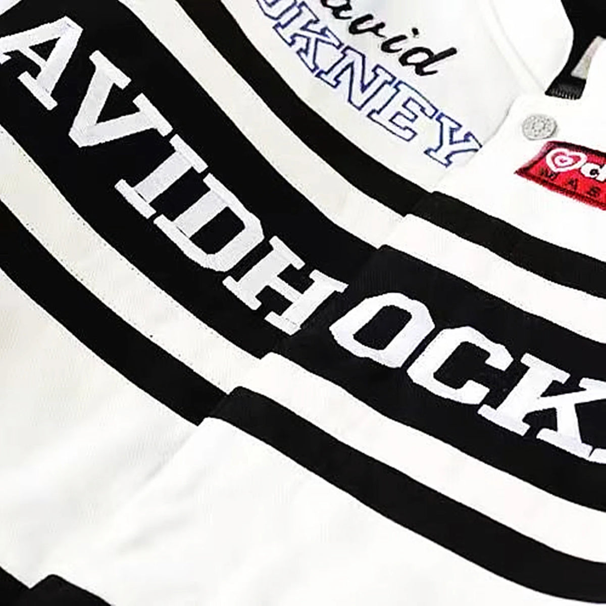 Stylish Black White Jacket with Embroidered Patches and Letters