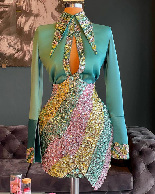 Blue Cocktail Dresses Sheath Long Sleeves Short Mini Beaded Crystals Homecoming Dresses Haute Couture Customized