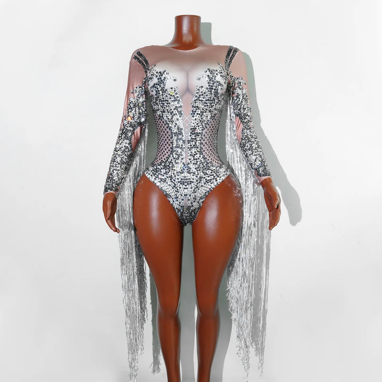 Bar DS Performance Outfit Glitter Rhinestones Bodysuit Women Long Sleeve Fringes Nightclub Singer Stage Costume Pole Dance Party