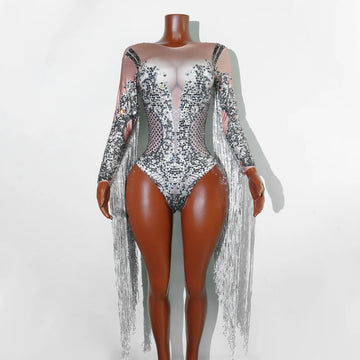 Bar DS Performance Outfit Glitter Rhinestones Bodysuit Women Long Sleeve Fringes Nightclub Singer Stage Costume Pole Dance Party