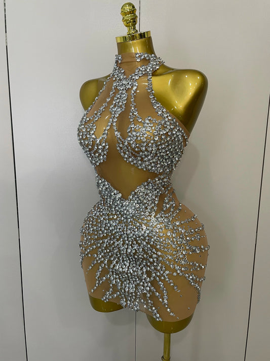 Sparkly Rhinestones Sexy Mesh See Through Dress Party Evening Prom Celebrate Birthday Dress Singer Dancer Show Stage Wear