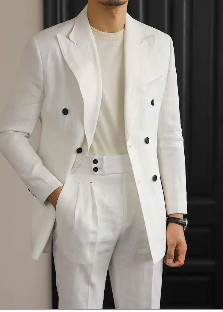 Luxury Linen Double Breasted Italian Suit for Men's Versatile Slim Fit Business Lapel Collar Retro Suit