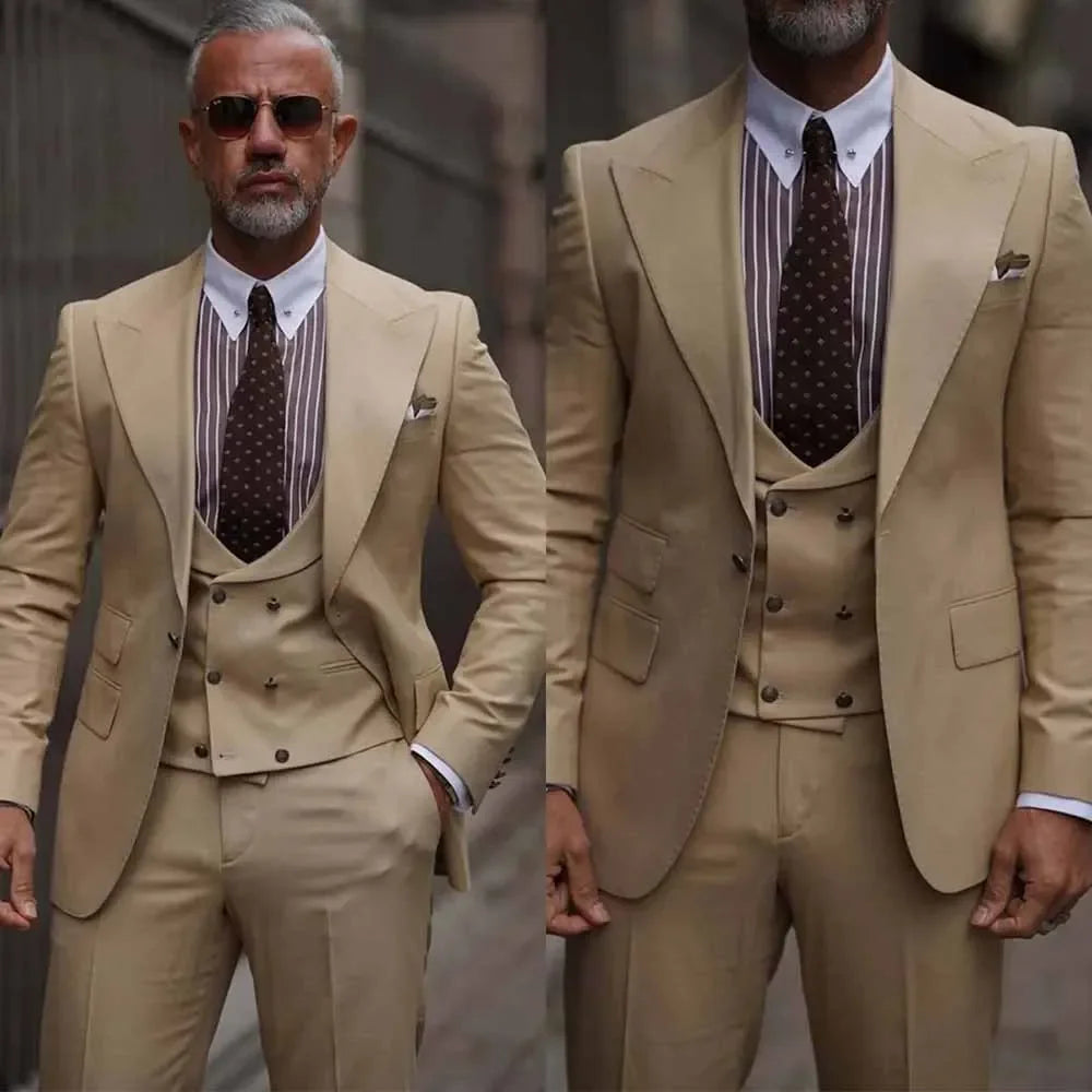 Khaki Suits for Men Costume Homme Peak Lapel Single Breasted Regular Length Smart Casual 3 Piece Jacket Pants Vest Clothing Set