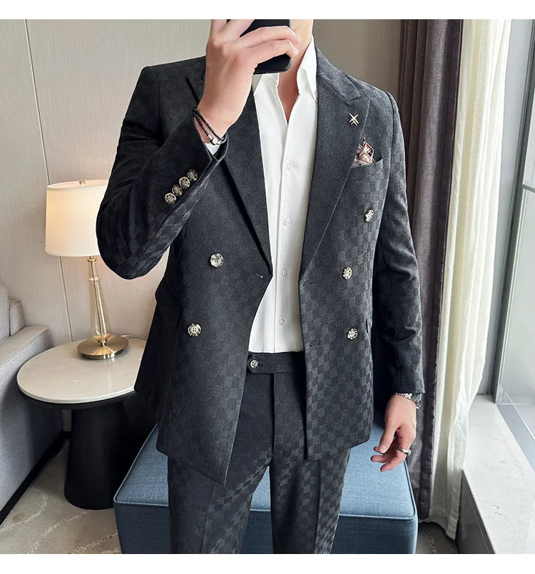 Elegant Double-Breasted Navy Checker Suit for Men – Custom Tailored Business & Wedding Attire, Stylish Formalwear Set