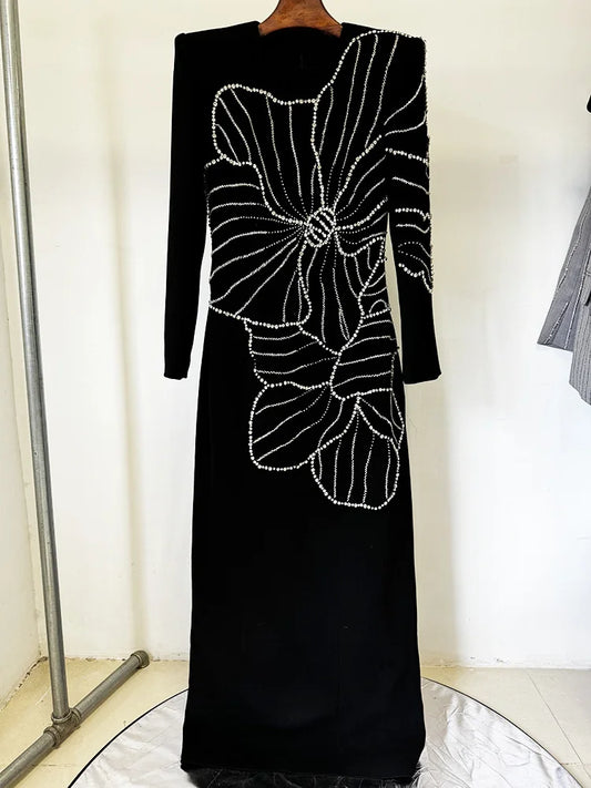 Newest Fashion Party Vestido Women's Long Sleeve Luxurious Diamonds Beaded Crystal Long Maxi Dress