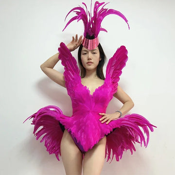 Body con plumas rojas y rosas para mujer, disfraz de cantante, gogo, baile, bar, discoteca, DJ, Ds, pole dance, escenario, rave