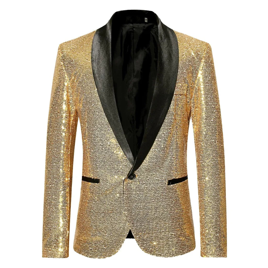 Chaqueta blazer con lentejuelas doradas brillantes y adornos brillantes para hombre, elegante blazer de color liso para negocios, ropa exterior, blusa, disfraces para hombre