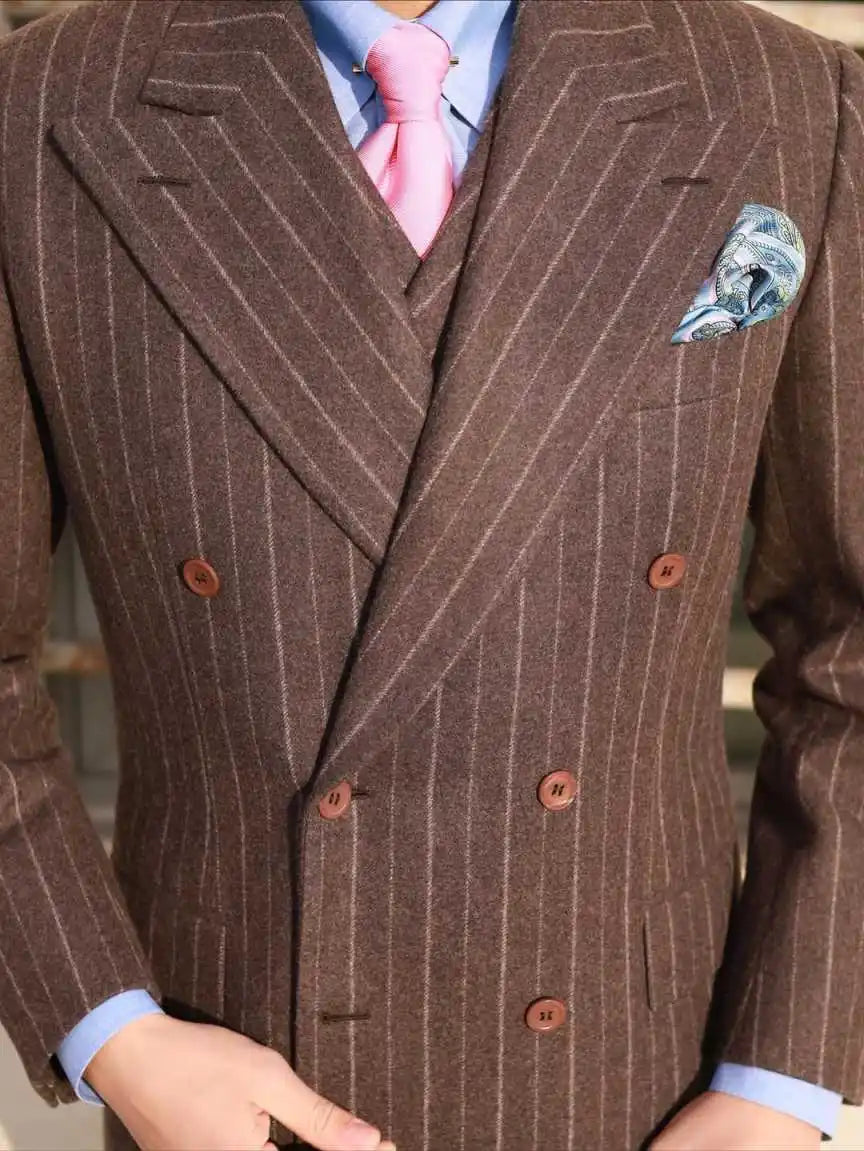 Fashion Wedding Tuxedos Pinstripe 3 PCS Jacket Vest Pants Men Suit Classic Fit  Double Breasted Evening Groom Coat Customized