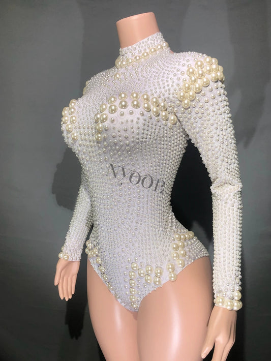 White Pearls Leotard Sexy Long Sleeve Bodysuit Nightclub Dance Outfit Singer Dancer Stage Wear Show Performance Costume