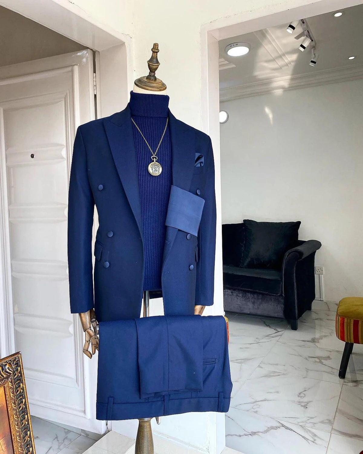 Blue Groom Suit for Wedding Slim Fit Peaked Lapel Mens Blazer Party Birthday Formal Wear 2 Pieces
