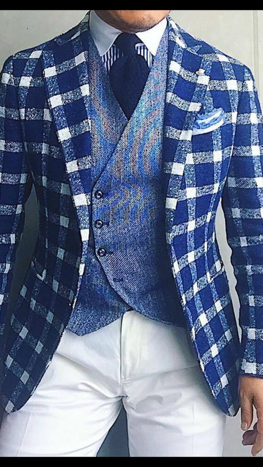 Blue Plaid Men's Wedding Suits High Quality Tuxedos Classic 3 Pieces Groom Wear Work Formal Clothing for Male