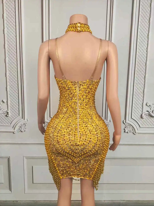 Women Sexy Sparkly Luxury Gold Pearls Slip Dress Birthday Party Festival Celebrate Rhinestone Evening Dress Night Prom Outfit