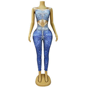 Body en jean à motif spécial avec strass scintillants pour femme, tenue de soirée, de danse, de spectacle, de chanteur ou de danseuse 