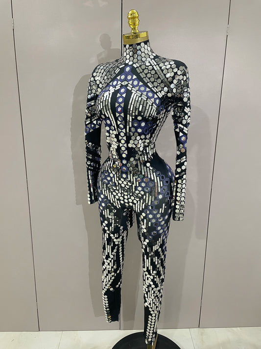 Sexy Shiny Silver Sequins Mirror Black Spandex Jumpsuit Women Prom Dancer Singer Costume Evening Birthday Show Stage Outfit