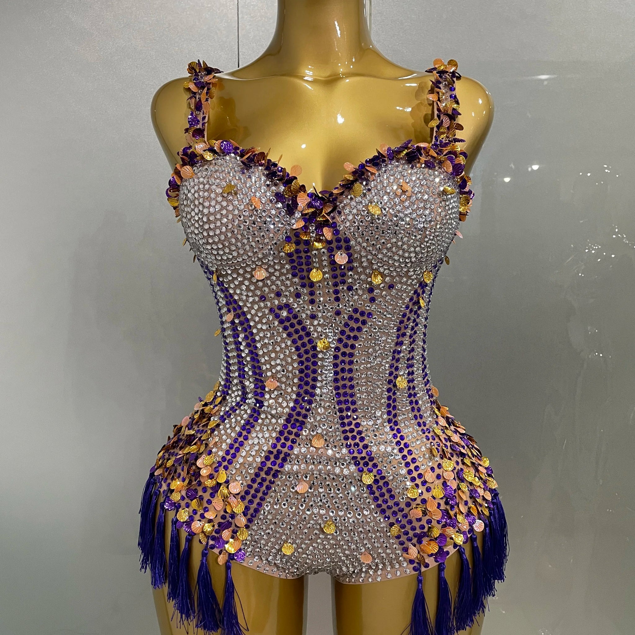 Luxury Sparkly Rhinestone Sequins Shell Tassel Sleeveless Bodysuit 2025 New Women Evening Birthday Party Singer Sexy Stage Gowns