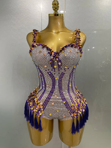 Luxury Sparkly Rhinestone Sequins Shell Tassel Sleeveless Bodysuit 2025 New Women Evening Birthday Party Singer Sexy Stage Gowns