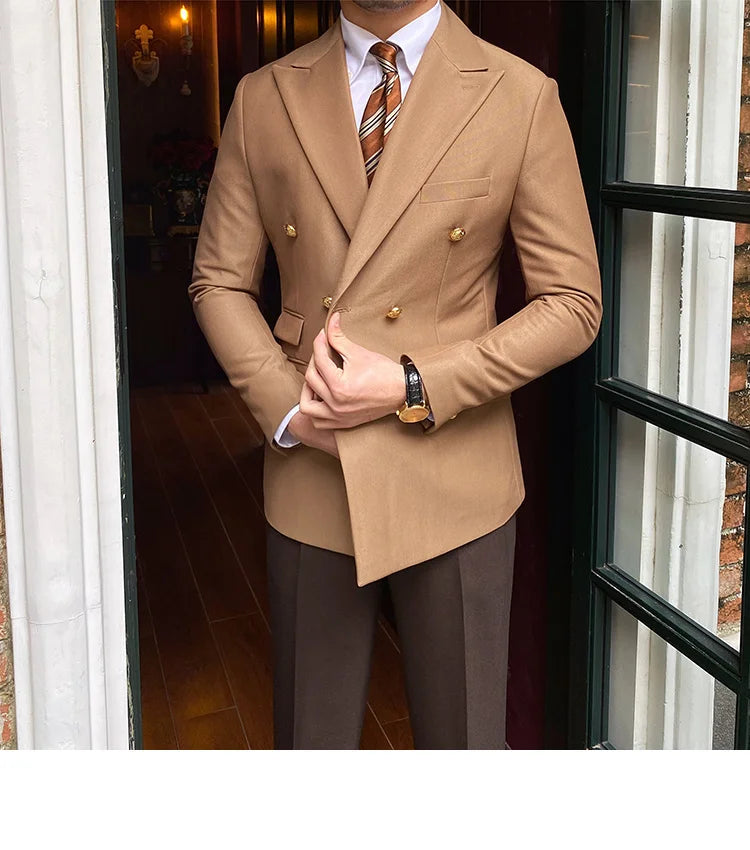 Blazer de estilo británico para hombre, traje ajustado de dos piezas con doble botonadura, color liso, informal y moderno.