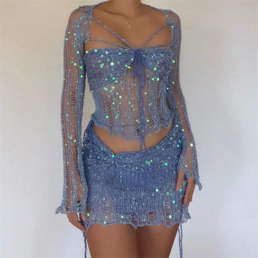 Ensemble deux pièces sexy en tricot à paillettes ajouré pour femme, haut court à manches longues, mini-jupe tendance 