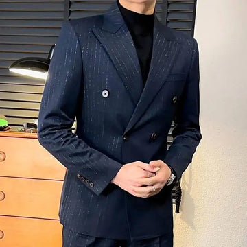 Lurex Yarn Casual Double Breasted Stripe for Men Blazer Masculino British Daily Men Blazer Hombre Fashion Shiny Slim Blazer