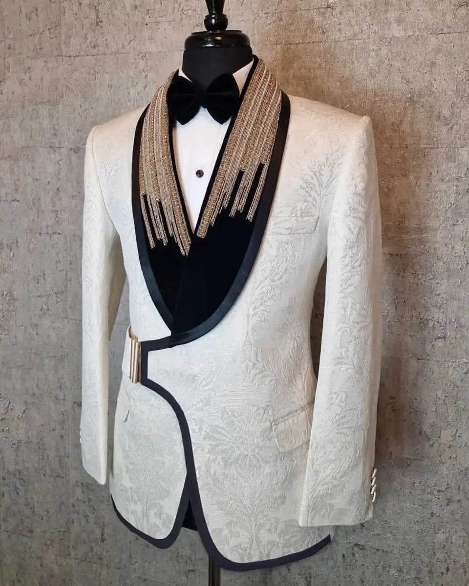 Formal Wedding Tuxedos with Buckle Beaded Jacquard Men Suits Shawl Lapel 1 Piece Set Jacket Handsome Groom Blazers Customized