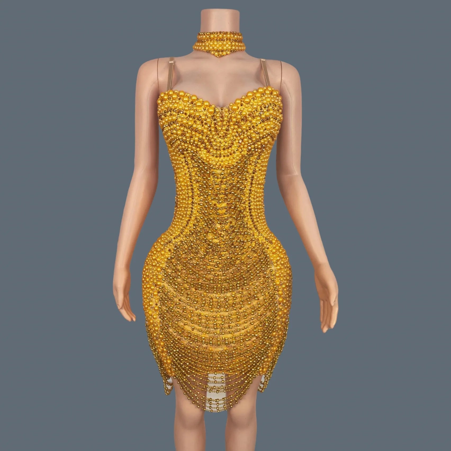 Elegant Women Golden Full Pearls High-end Evening Dress Birthday Party Photo Shoot Wear Festival Celebrate Outfit