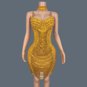 Elegant Women Golden Full Pearls High-end Evening Dress Birthday Party Photo Shoot Wear Festival Celebrate Outfit