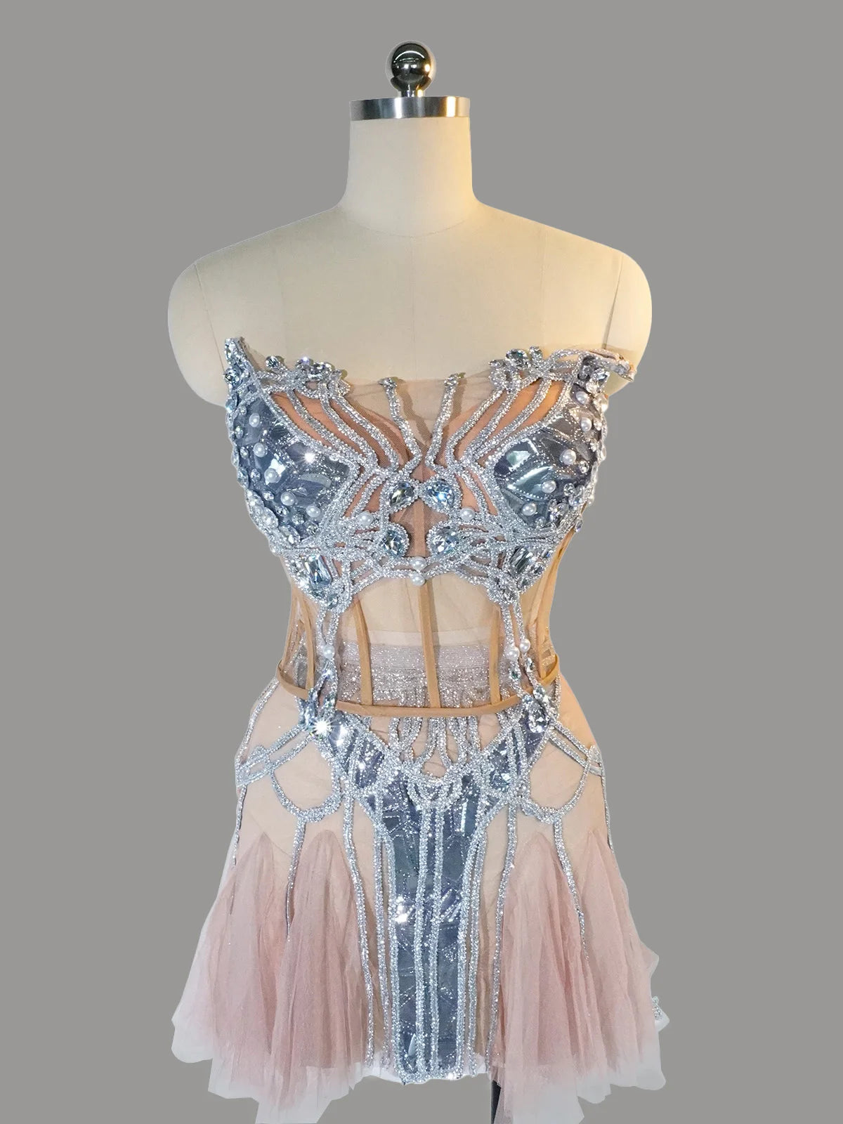 Sexy Pink Mesh Mini Dress Pearl Glitter Rhinestone Backless Party Nightclub Outfit Stage Singer Costume Dance Skirt