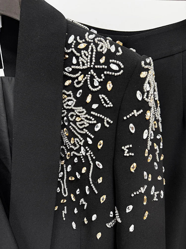Designer Suit Women Beaded Diamonds  Shawl Collar Double Breasted Blazer Pants Set 2PC