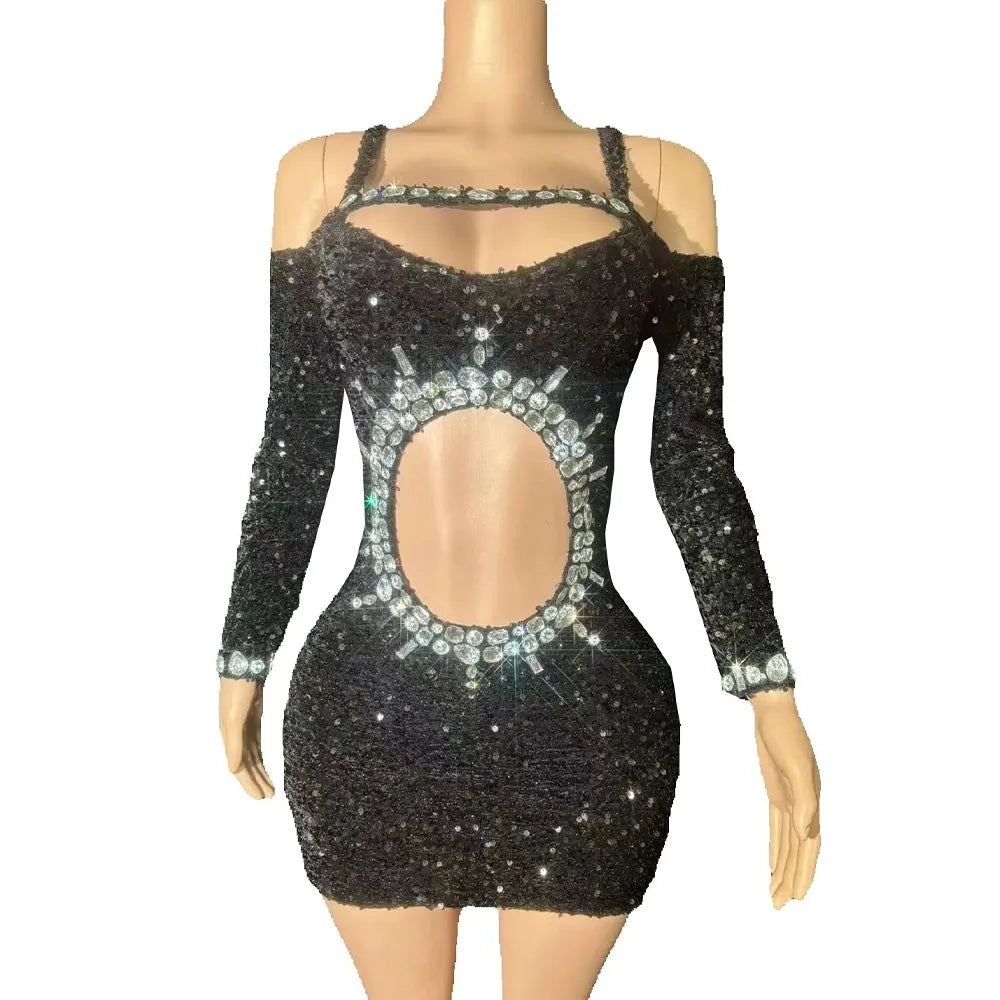 Sexy Rhinestones Black Sequins Hollow Out Off-The-Shoulder Dress Evening Party Performance Costume Singer Dancer Stage Dress