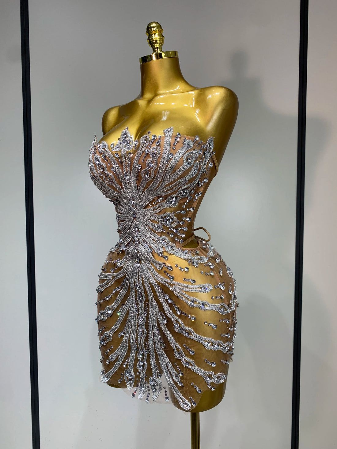 Women Sexy Strapless Rhinestones Mini Dress Performance Costume See Through Stage Dancer Club Evening Party Birthday Dress