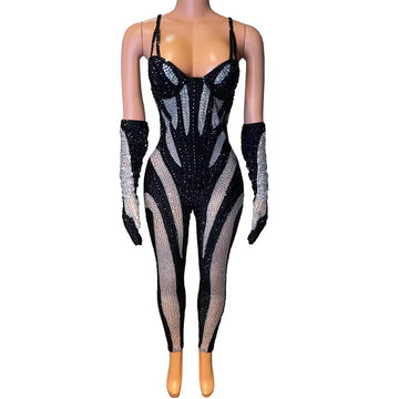 Women Sexy Black White Rhinestones Outfit Jumpsuit With Gloves Transparent Birthday Dance Stage Evening Celebrate Club Bodysuit