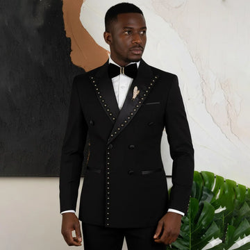 Customized Shiny Metal Embellished Men Suits 2 Pieces Sets Peaked Lapel Groom Tuxedos Wedding Blazers Outfit Slim Ropa Hombre