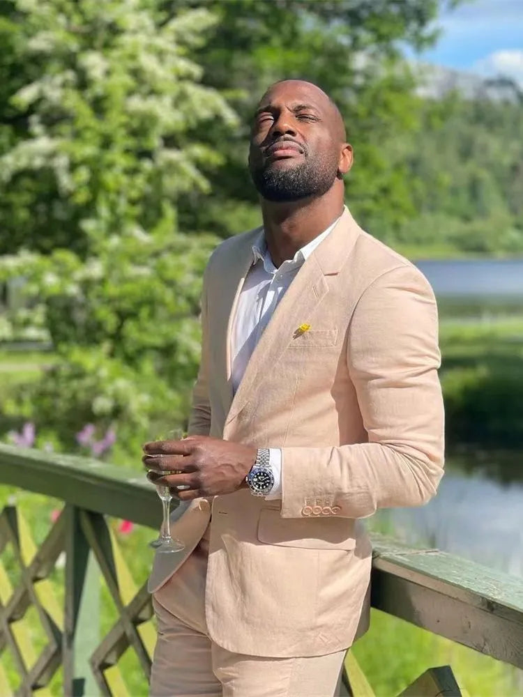 Traje de novio de lino beige de dos botones para boda, corte entallado, formal, 2 piezas (chaqueta y pantalón) 