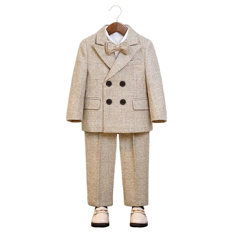 Boys Classic Plaid Suit Set with Bow Tie and Double-Breasted Blazer