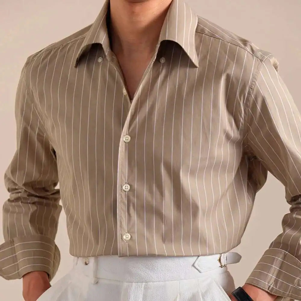 Cotton Blend Striped Casual Italian Style One Piece Collar Long Sleeved Shirt Men High Count Cotton Gentleman Business Shirt Men