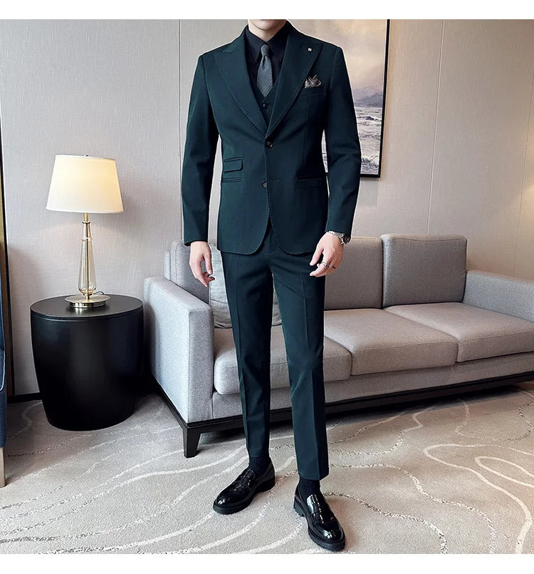 (Chaqueta + chaleco + pantalones) Trajes elegantes de 3 piezas, de marca, corte entallado, de un solo botón, para fiesta, formal, de negocios, para boda, esmoquin.