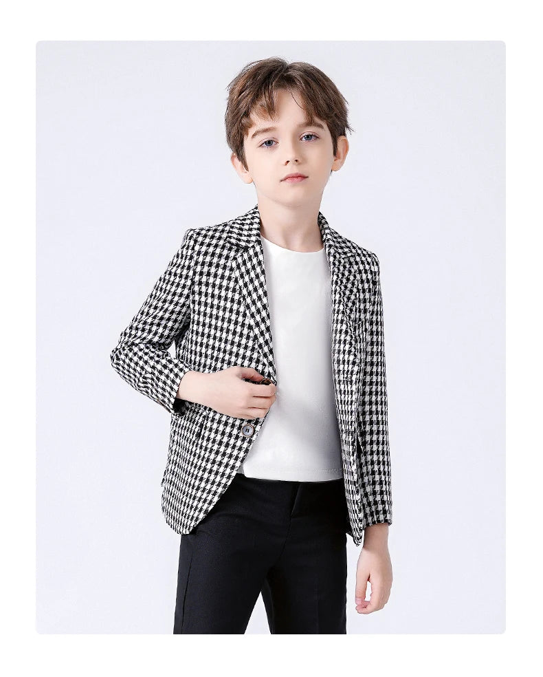 Boys Black White Houndstooth Blazer Fashionable Checkered Jacket