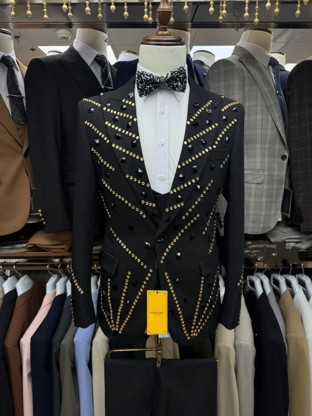 Retro Men Suits Tailor-Made 2 Pieces Set Peaked Lapel Jacquard Jacket Rhinestone Blazer One-Button Customized Coat Pants