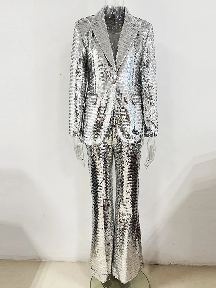 Silver Shiny Sequin Pantsuits Blazer Flared Pants Set Eye Catching Party Evening Wear Mesh Sequin Pants Set Outfits
