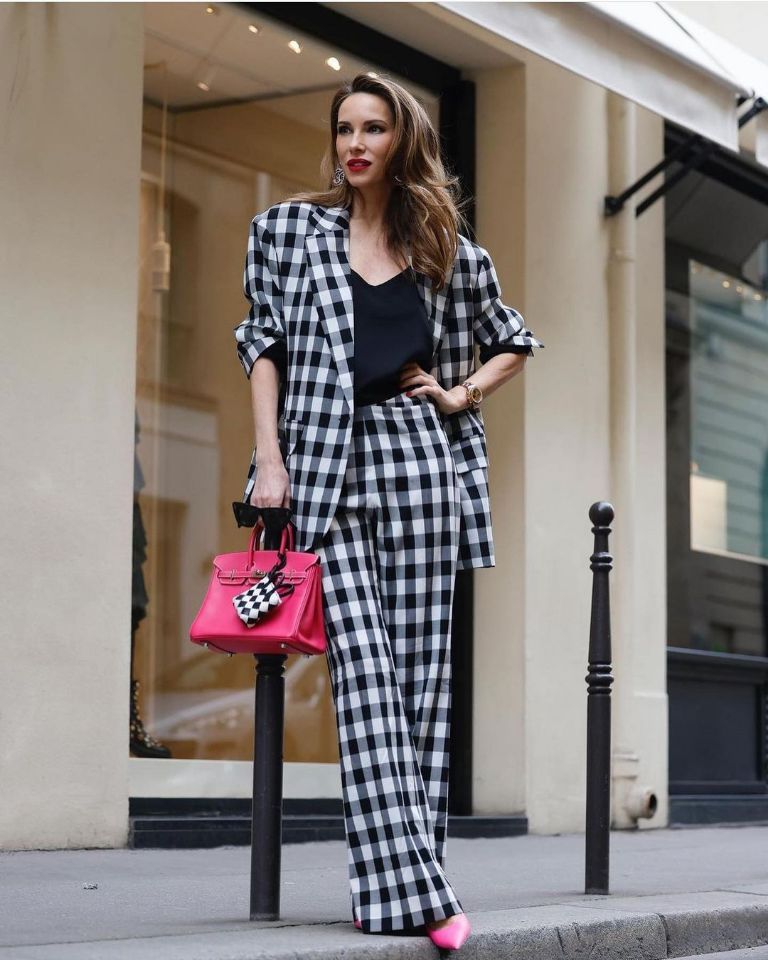 Black White Plaid Blazer Suits Street Power Slim Fit Pencil Pants Evening Party Outfit Wedding Wear 2 Pieces
