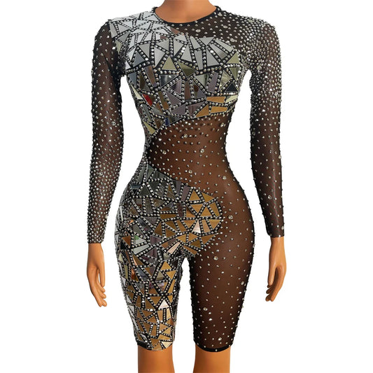 Combinaison extensible à strass scintillants argentés pour femme, tenue de fête d'anniversaire, noire, transparente, en maille et cristal, costume de scène DS 