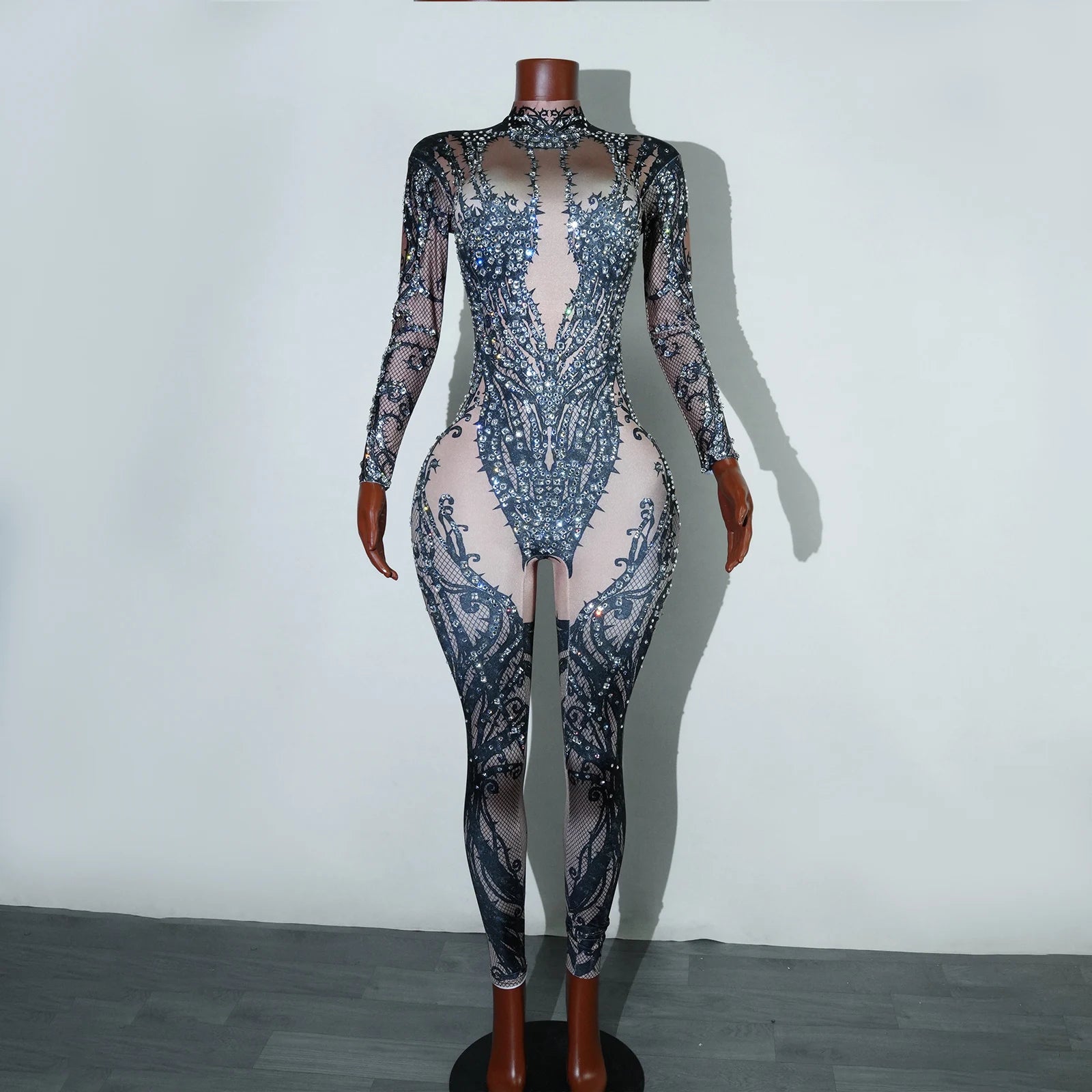 Sexy Black Rhinestone Print Jumpsuit Pole Dancing Nightclub Birthday Party Stage Bodysuit Costume Costumes Drag Queen Outfit