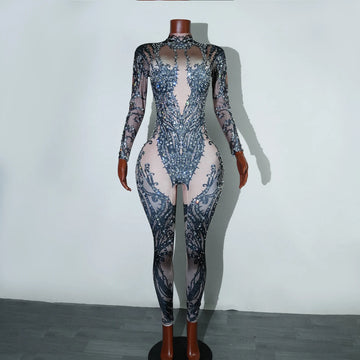 Sexy Black Rhinestone Print Jumpsuit Pole Dancing Nightclub Birthday Party Stage Bodysuit Costume Costumes Drag Queen Outfit