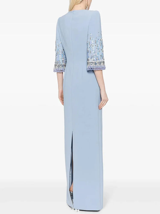 Newest Fashion Vestido Women's Half Sleeve Stunning Beaded  Long Maxi Dress