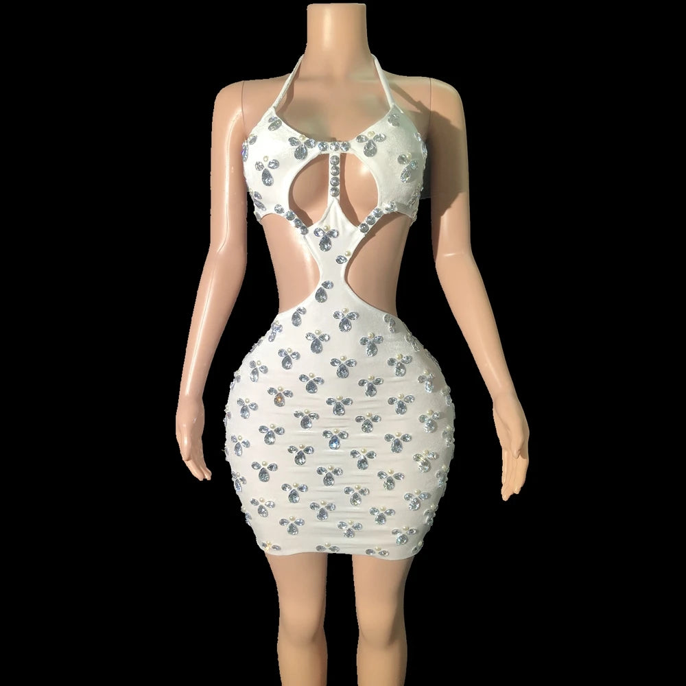 Sparkly Rhinestones Pearls White Short Dress Women Sexy Halter Backless Evening Celebrate Birthday Dress Club Outfit Stage Wear