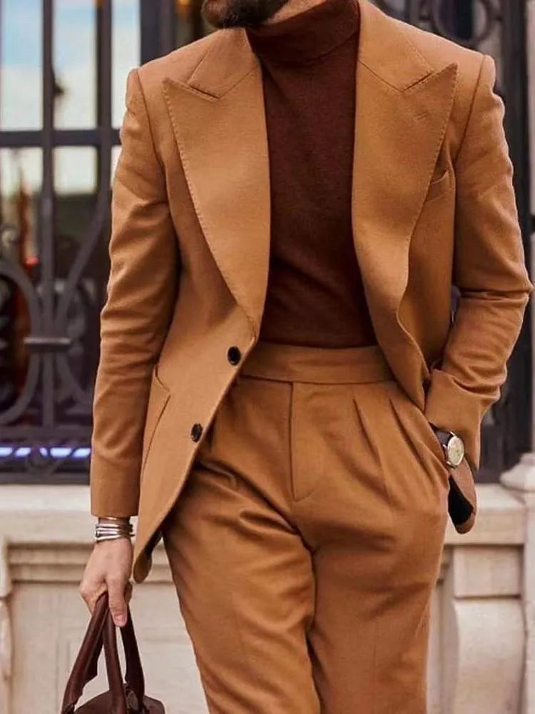Traje de boda para hombre, corte entallado, marrón, dos botones, blazer, esmoquin personalizado, 2 piezas (chaqueta + pantalón) 