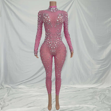 Women Stage Big Pearls Jumpsuit Rhinestones Stretchy Jumpsuit Evening Birthday Celebrate Outfit Sexy Dancer Bodysuit