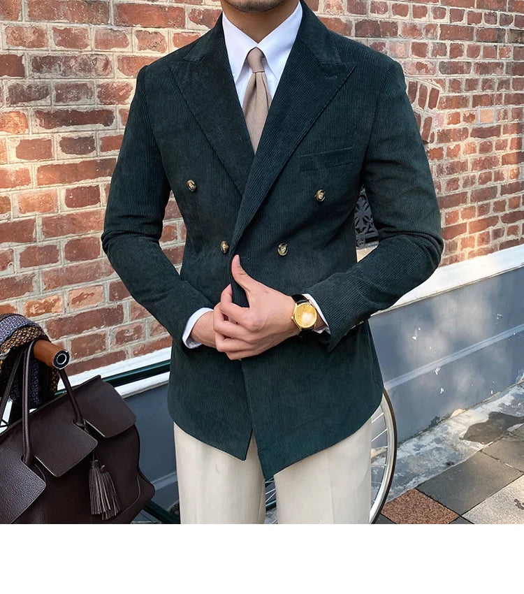 Blazer croisé élégant en velours côtelé bleu pour homme – Veste de costume slim de luxe pour mariages, dîners et événements spéciaux